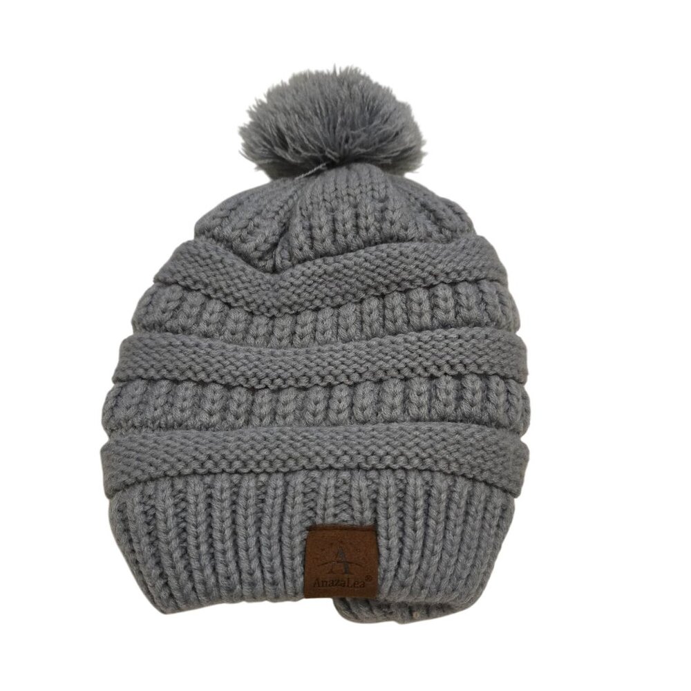 Anazlea Gray Knit Beanie Hat Pom Pom Faux Fur Lining‎ Warm Stylish Winter Ski